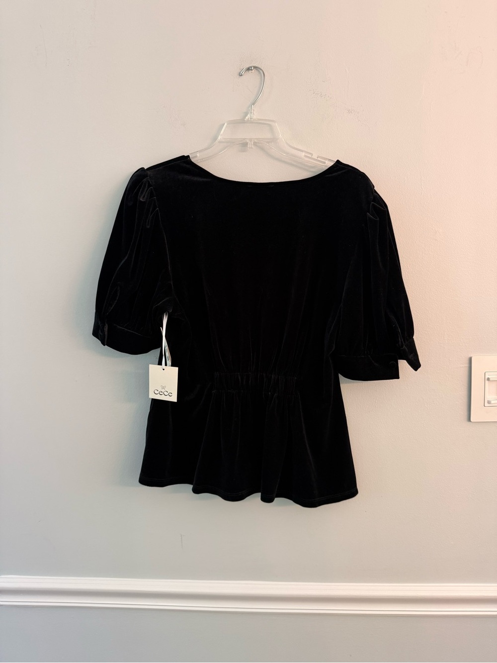 CeCe Black Velvet Puff Sleeve Top with Bow Buttons - Picture 6 of 6